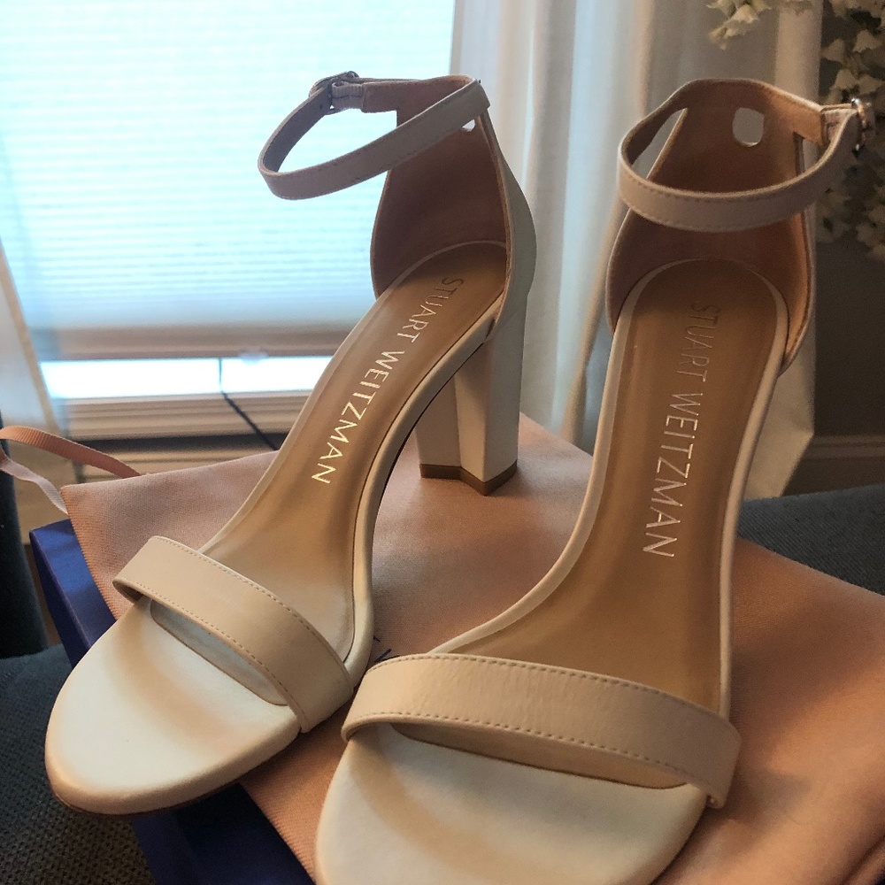 Stuart Weitzman Nearly Nude Strap Sandal White Leather Mid Heel